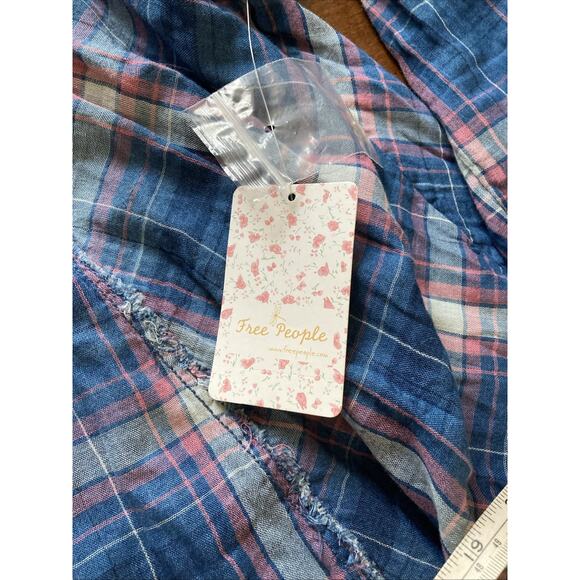 Free People Seeking Starlight Top Sz M NWT Blue Plaid Cotton Raw Hem grunge - Picture 7 of 10